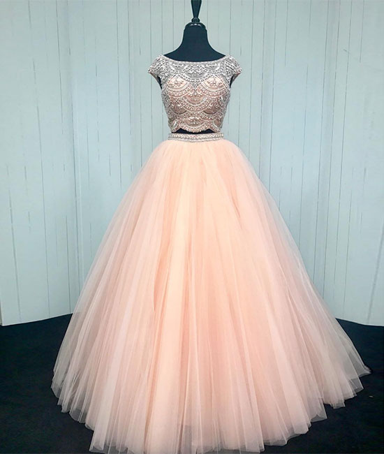 Pink two pieces beads tulle long prom dress, pink evening dress - shdress