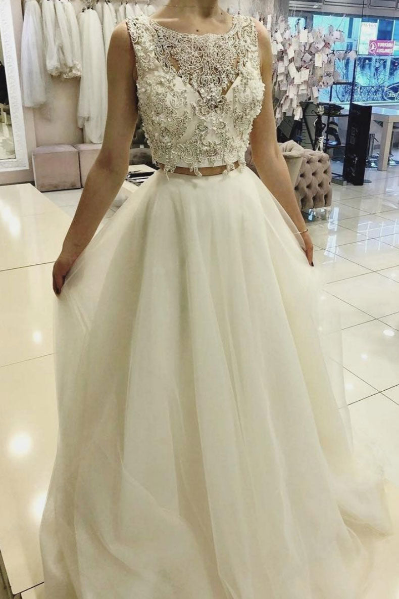 White two pieces lace tulle long prom dress, white evening dress