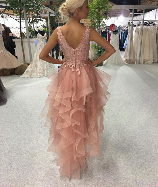 Pink v neck lace tulle prom dress, pink tulle homecoming dress - shdress