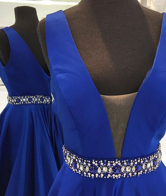 
                  
                    Dark blue v neck long prom dress blue evening dress - shdress
                  
                
