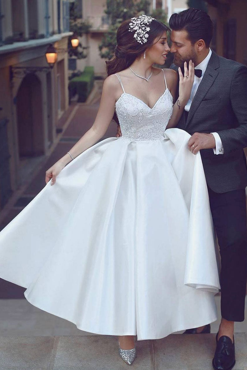 Simple sweetheart white tea length white wedding dress