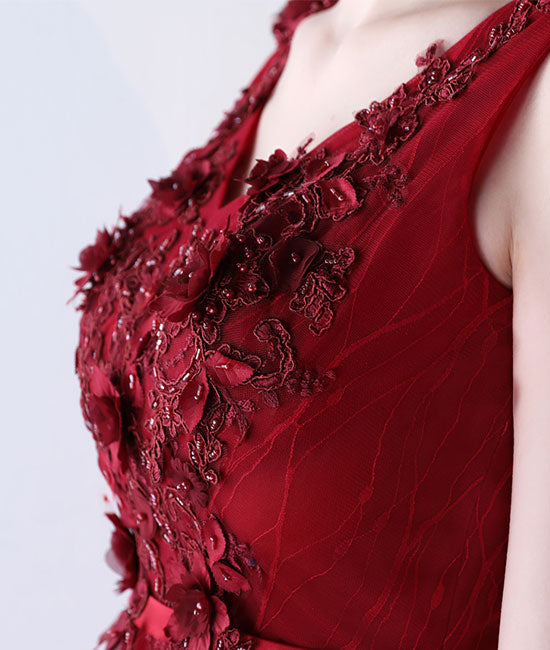 
                  
                    Burgundy v neck tulle lace applique long prom dress, burgundy evening dress - shdress
                  
                