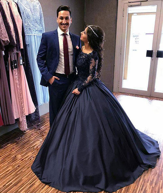 Dark blue round neck lace long prom dress, blue evening dress shdress Dark blue round neck lace long prom dress, blue evening dress shdress