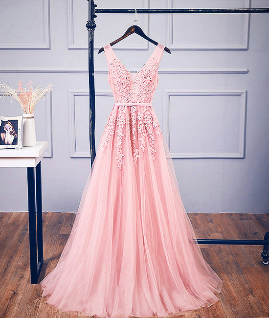 Pink v neck tulle lace applique long prom dress, pink bridesmaid dress - shdress