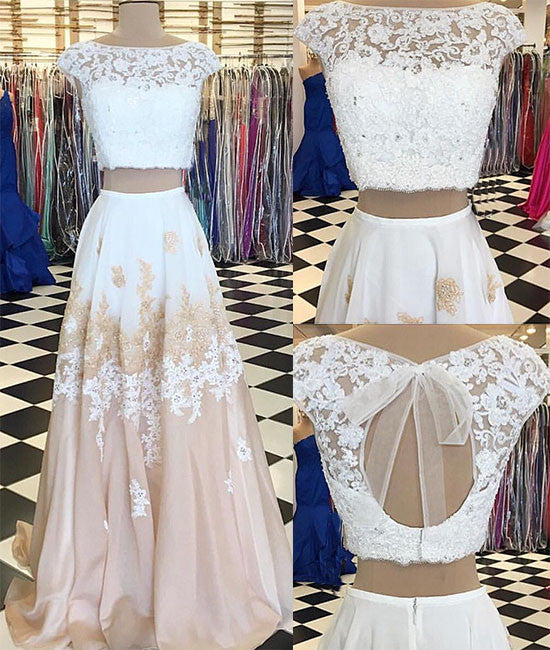 White two pieces lace long prom dress, white evening dress - shdress