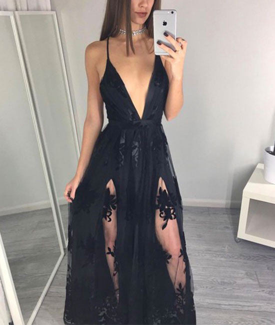 Unique Black v neck lace long prom dress, black evening dress for teens - shdress