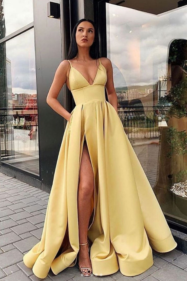silk yellow formal dress Simple Spaghetti Straps Satin Yellow Long Prom Dress PSK594 US12 / Custom Color