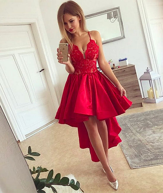 Red v neck high low prom dress, red homecoming dress - shdress