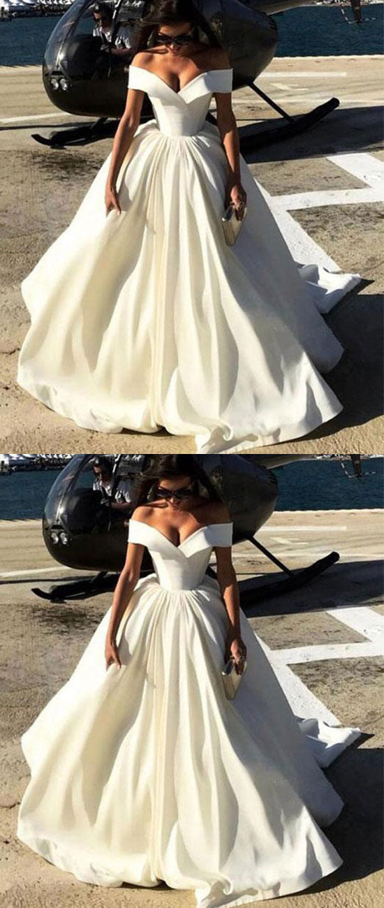 Simple v neck white satin long prom dress, white evening dress - shdress
