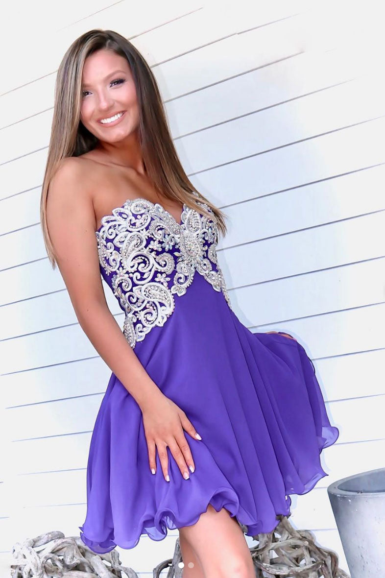 Purple sweetheart lace short prom dress purple lace homecoming dress