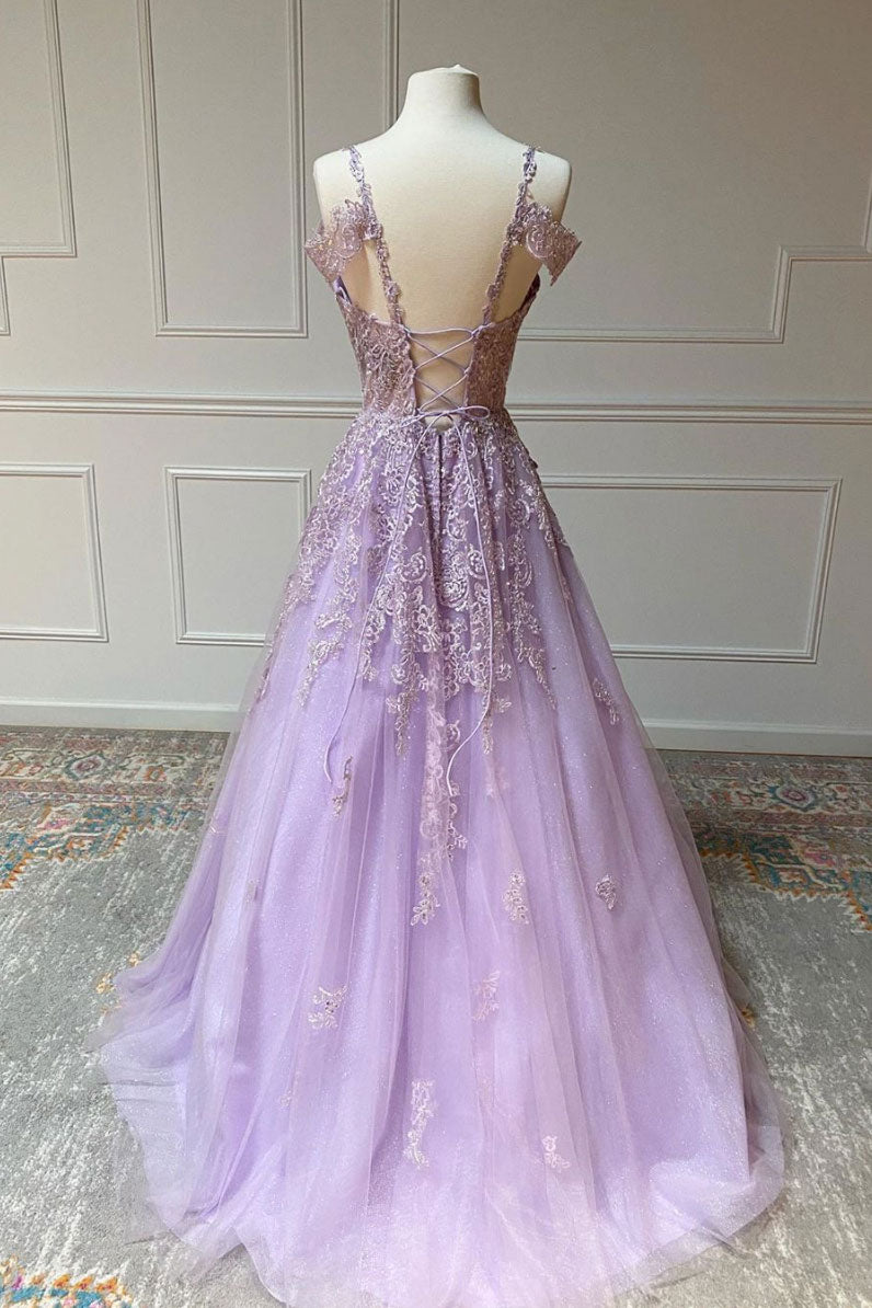 Purple tulle long prom dress purple lace long evening dress – dresstby