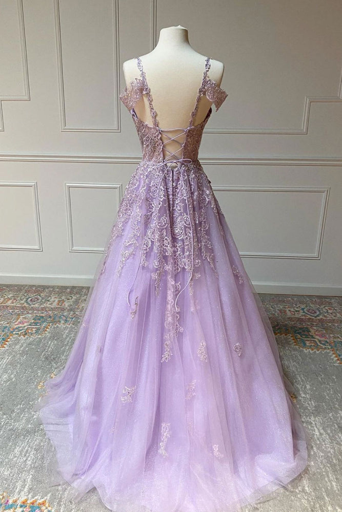 purple lace v neck dress Sparkly Plunging V Neck Floral Lace Sequins Embroidered Prom Dress with Slit S8954P - Prom Dresses