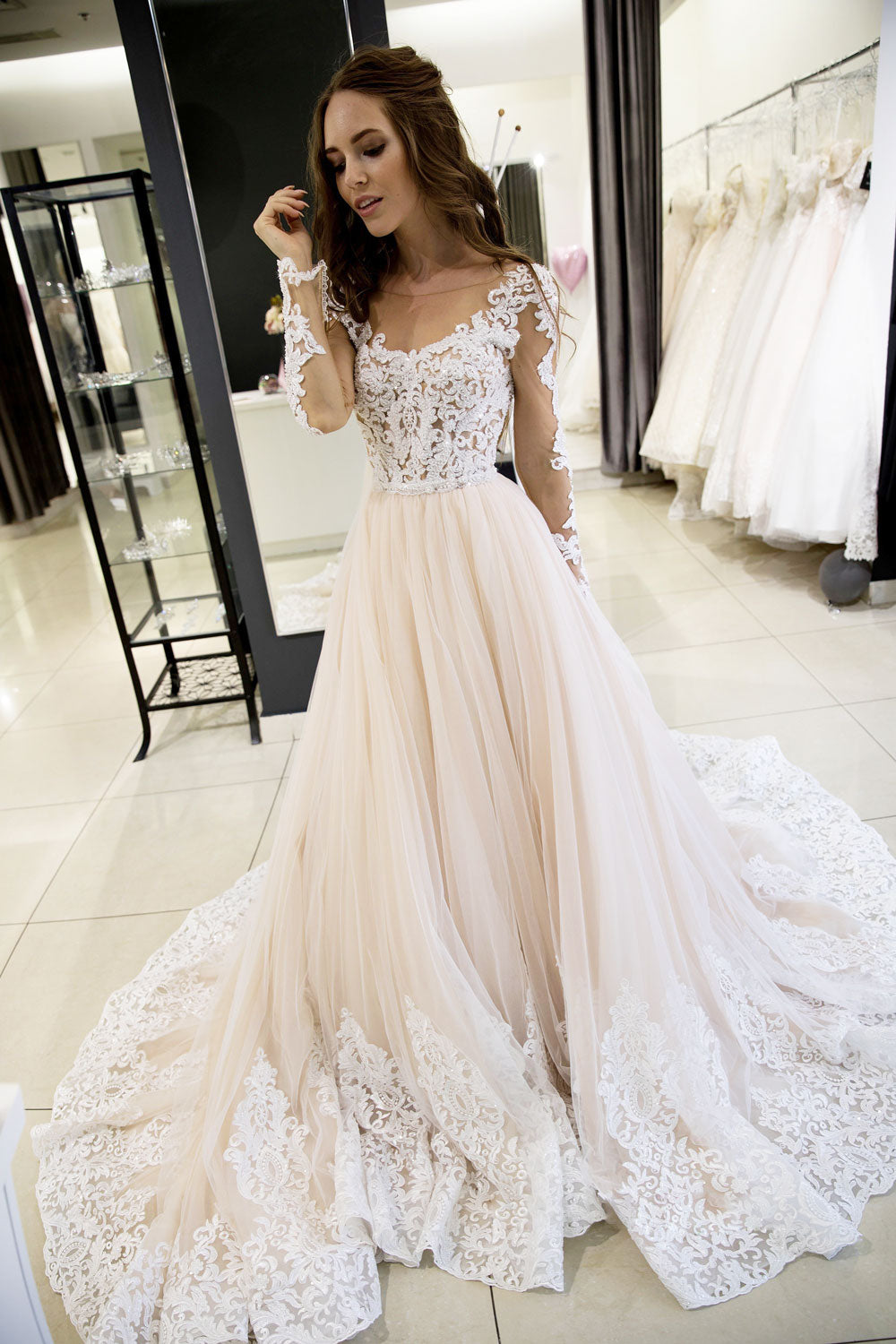 Champagne tulle lace long prom dress, evening dress