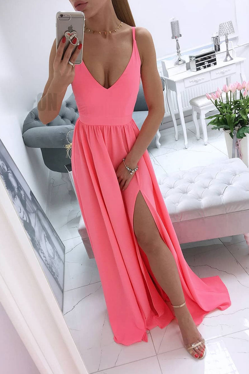 Simple v neck coral chiffon long prom dress, coral evening dress