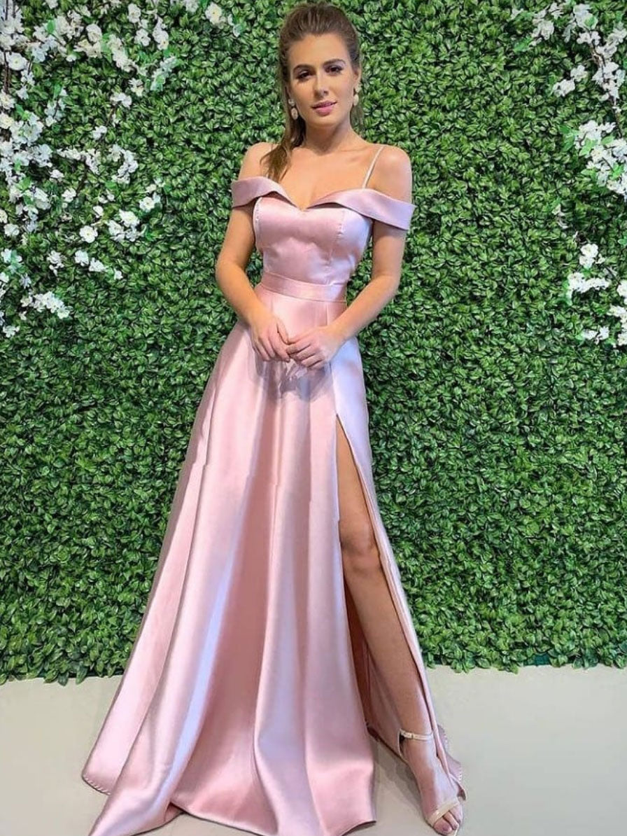 Simple pink off shoulder long prom dress, pink evening dress shdress Simple pink off shoulder long prom dress, pink evening dress shdress
