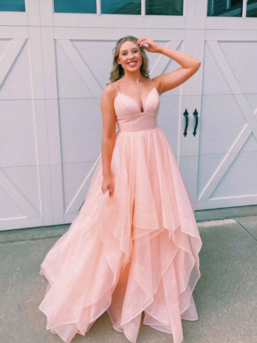 Simple v neck tulle long prom dress pink tulle formal dress shdress Simple v neck tulle long prom dress pink tulle formal dress shdress