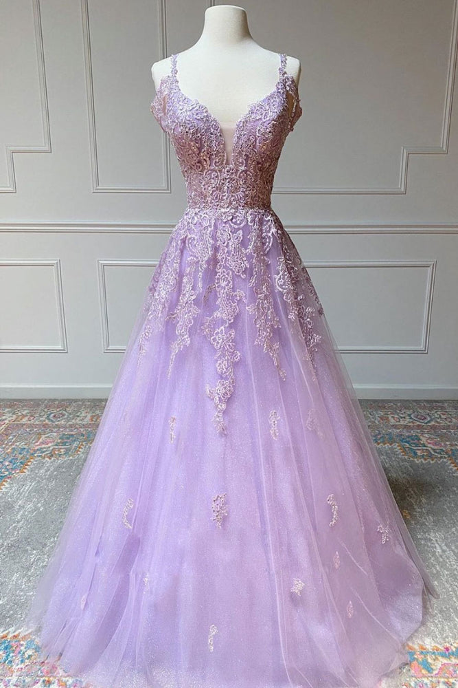 
                  
                    Purple v neck tulle lace long prom dress purple lace formal dress
                  
                