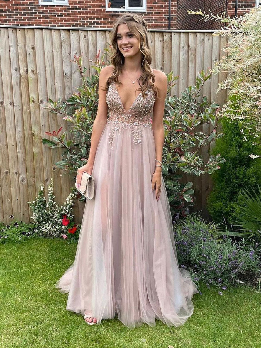 Light pink v neck tulle beads long prom dress, light pink evening dres shdress Light pink v neck tulle beads long prom dress, light pink evening dres shdress