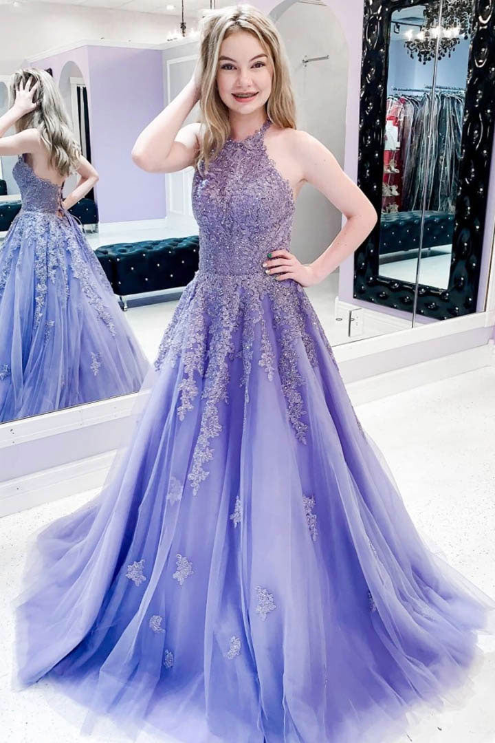 Chic V Neck Sequins Purple Tulle Long Prom Dresses, V Neck Lilac Forma –  Shiny Party