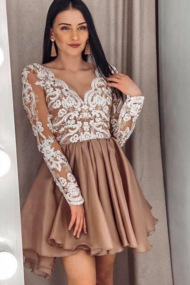 Champagne v neck lace short prom dress lace bridesmaid dress shdress Champagne v neck lace short prom dress lace bridesmaid dress shdress