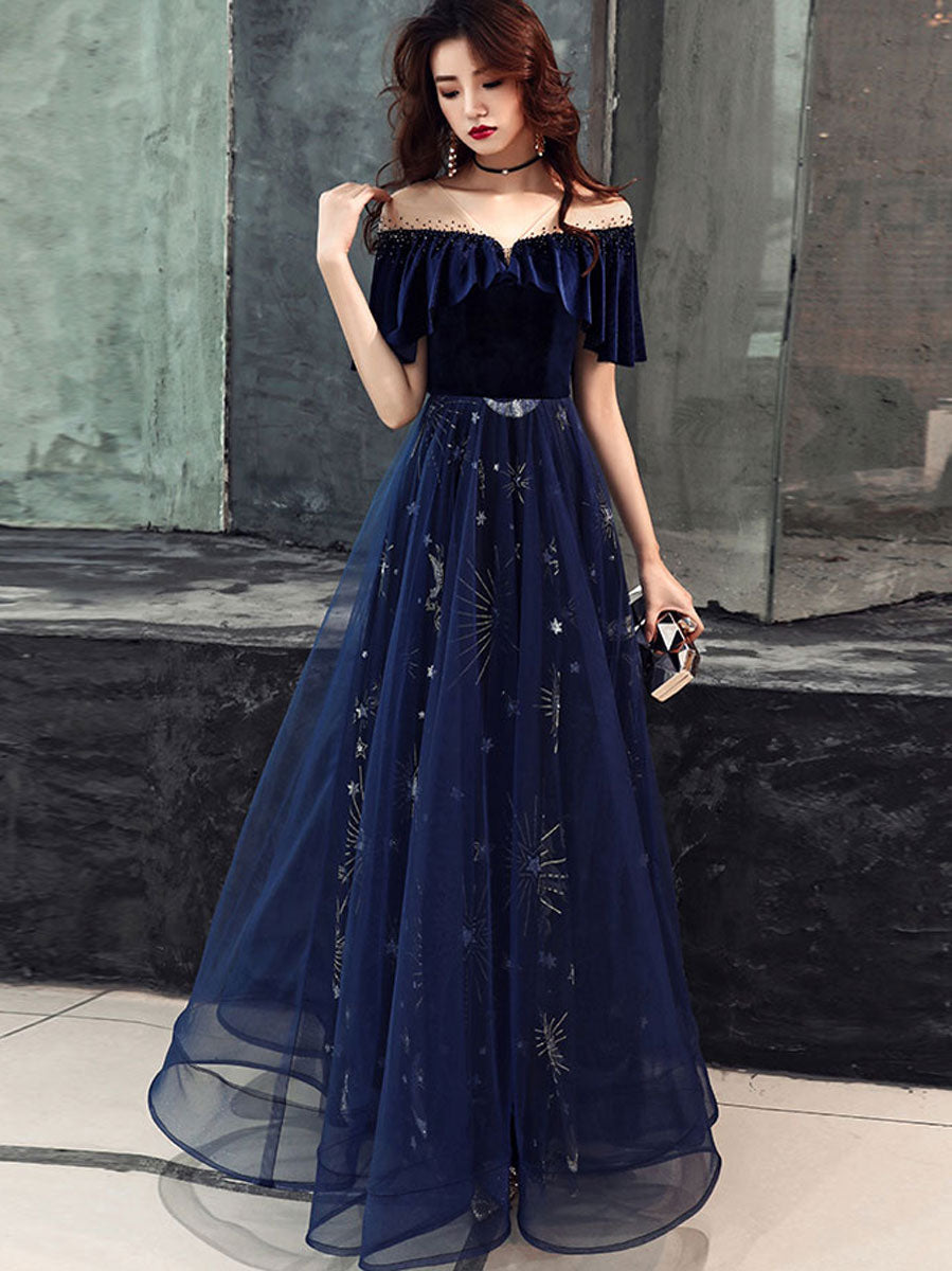 Blue v neck tulle lace long prom dress, blue tulle formal dress shdress Blue v neck tulle lace long prom dress, blue tulle formal dress shdress