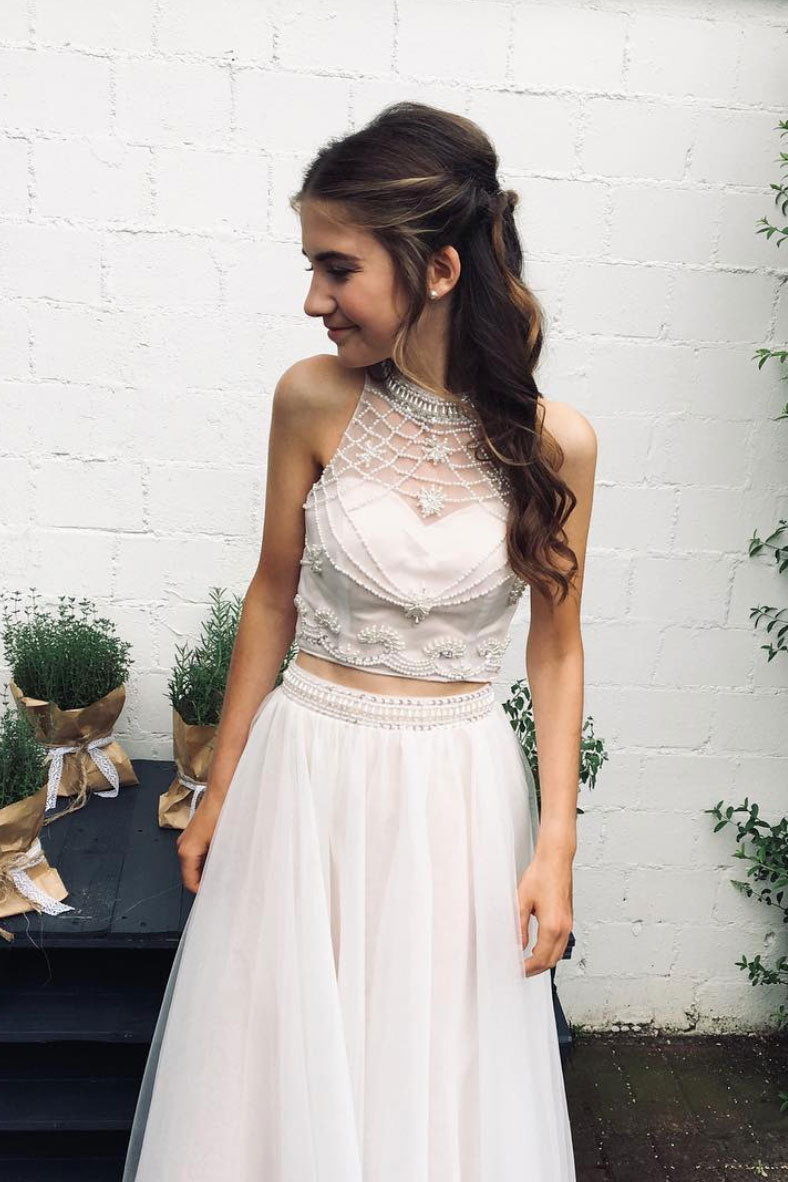 Elegant tulle two pieces beads long prom dress, evening dress shdress Elegant tulle two pieces beads long prom dress, evening dress shdress