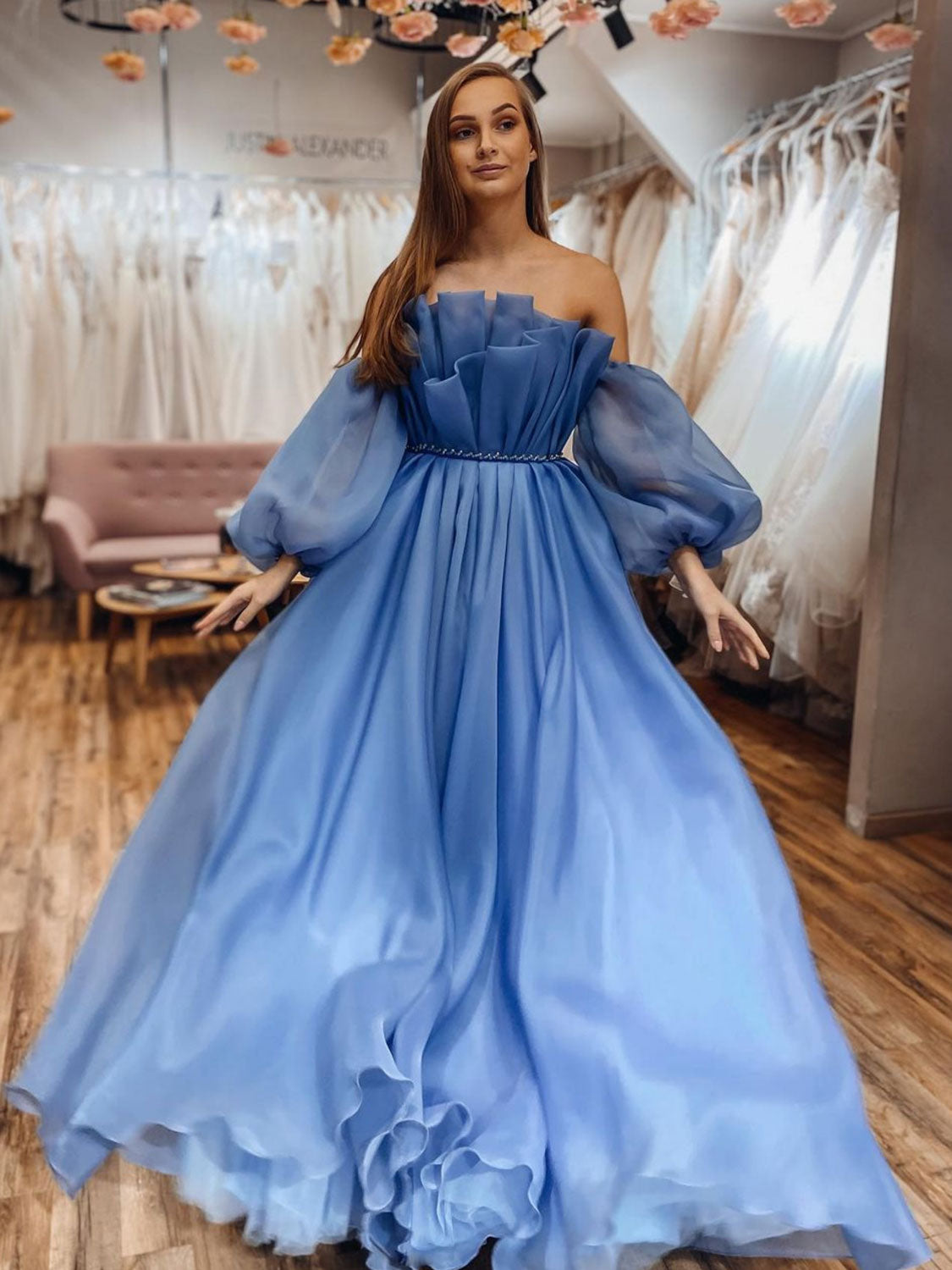 
                  
                    Blue tulle long prom dress, blue tulle formal dress
                  
                