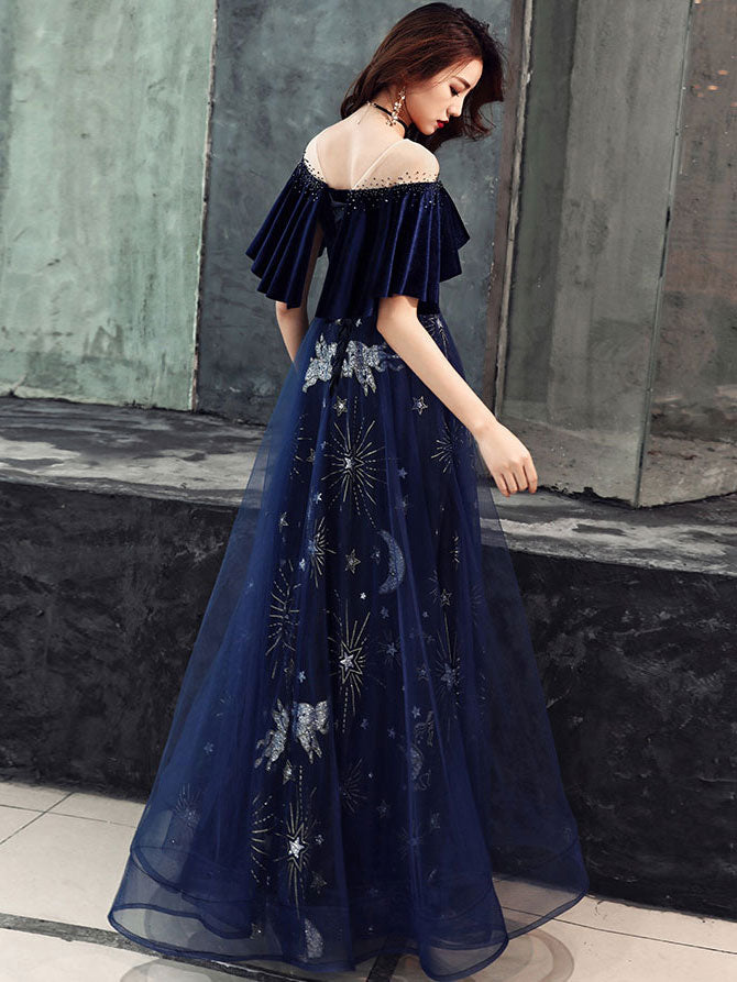 Blue v neck tulle lace long prom dress, blue tulle formal dress shdress Blue v neck tulle lace long prom dress, blue tulle formal dress shdress