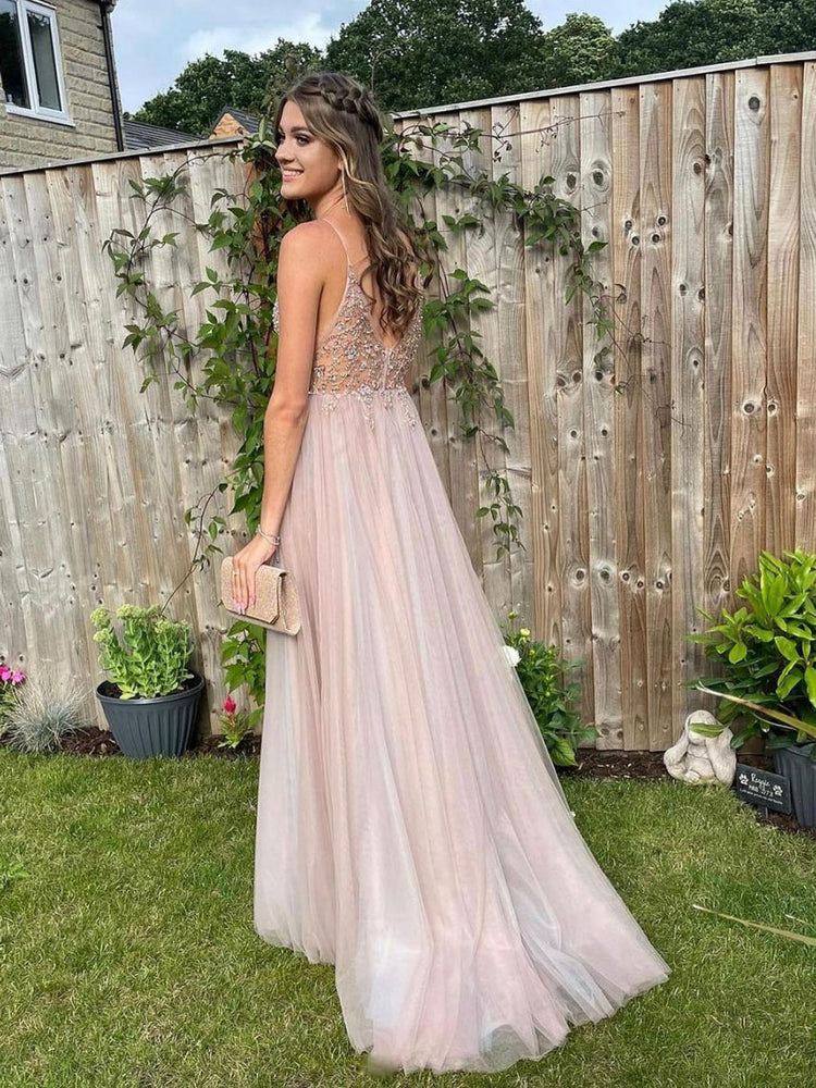 Light pink v neck tulle beads long prom dress, light pink evening dres shdress Light pink v neck tulle beads long prom dress, light pink evening dres shdress