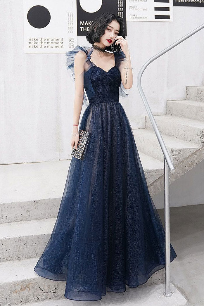 Dark blue sweetheart tulle long prom dress blue tulle formal dress – shdress