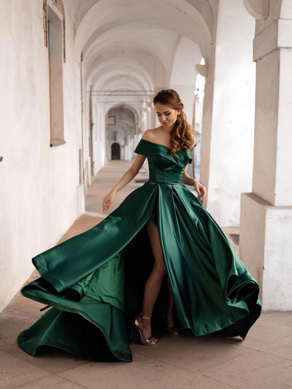 
                  
                    Simple green off shoulder satin long prom dress, green evening dress
                  
                