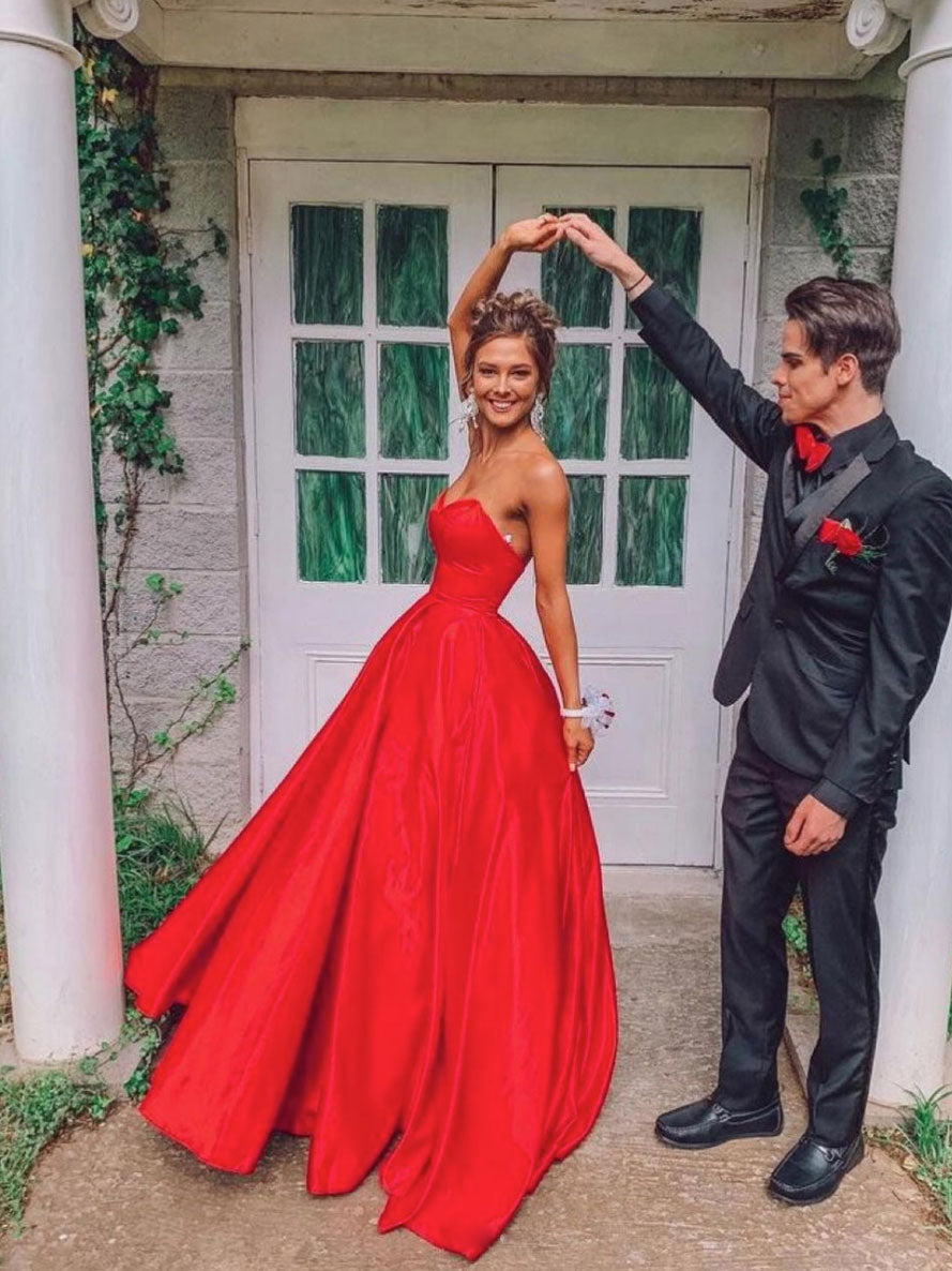 Simple red satin long prom dress red evening dress – shdress