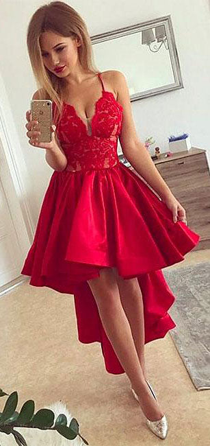 
                  
                    Red v neck high low prom dress, red homecoming dress - shdress
                  
                
