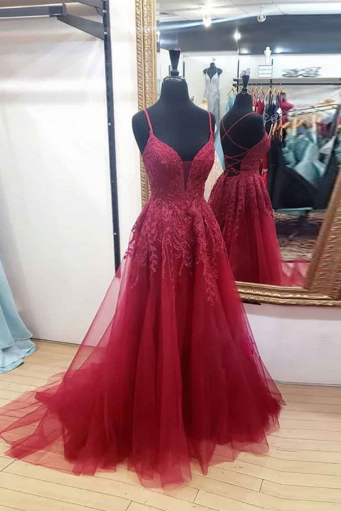 
                  
                    Burgundy sweetheart tulle lace long prom dress formal dress
                  
                
