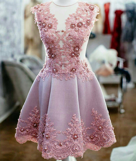 Cute pink lace short prom dress, homecoming dress - shdress