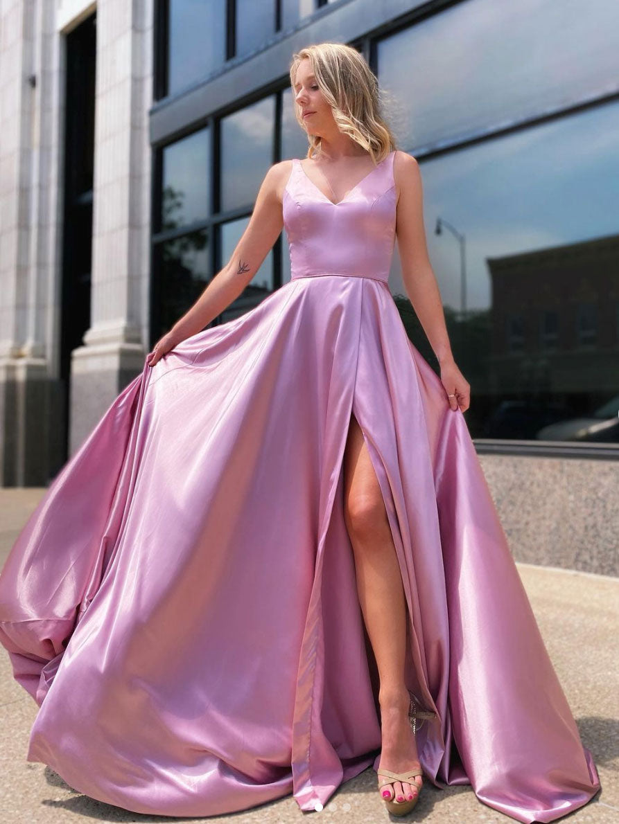 Hellymoon Women Simple Pink A-line V-neck Satin Long Prom Formal Dress –  hellymoonuk