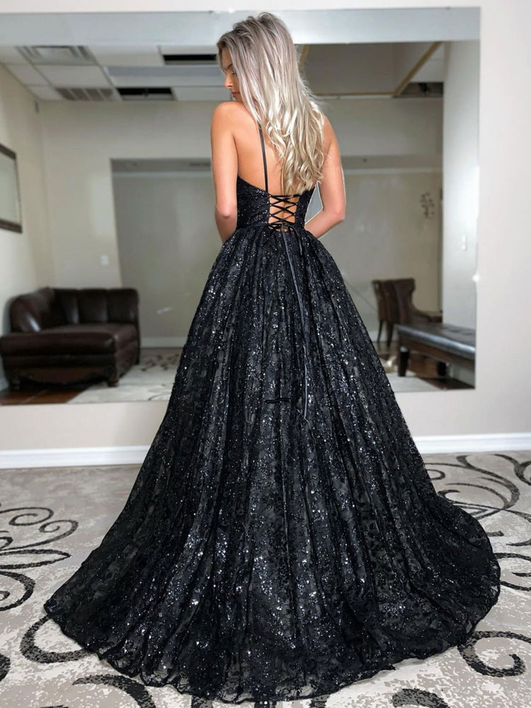 Black A line tulle sequin long prom dress, black tulle formal dress –  shdress