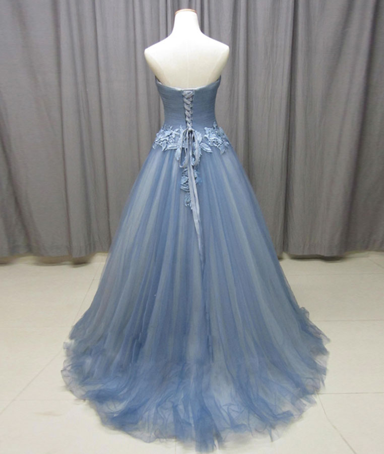 Simple gray blue tulle lace applique long prom dress, tulle evening dr   shdress