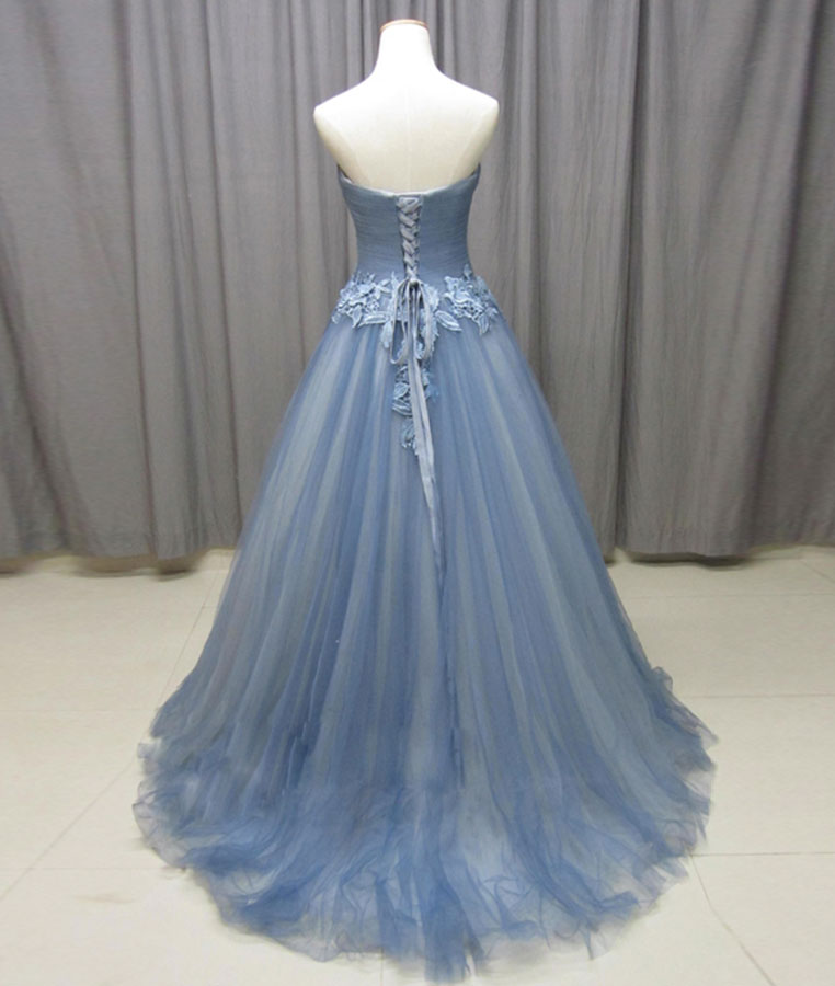 
                  
                    Simple gray blue tulle lace applique long prom dress, tulle evening dress - shdress
                  
                