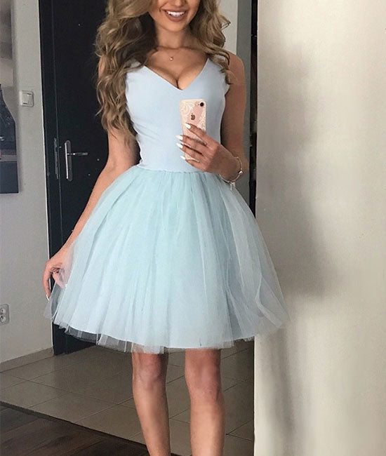 Simple v neck tulle blue short prom dress, blue homecoming dress - shdress