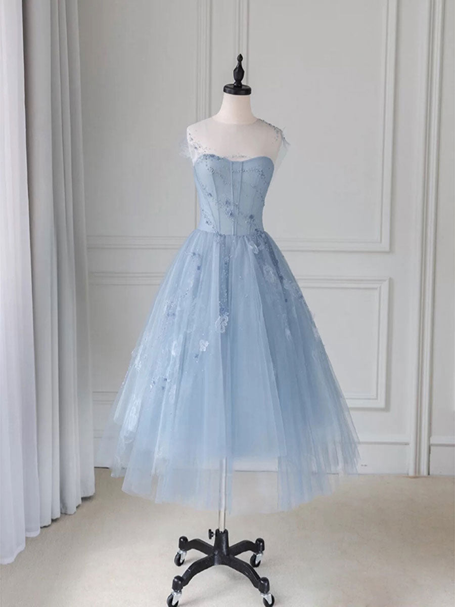 Blue round neck tulle lace short prom dress, blue homecoming dress shdress Blue round neck tulle lace short prom dress, blue homecoming dress shdress