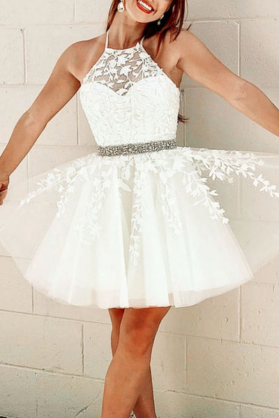 white tight dresses for homecoming Cute Tight White Lace Lace-Up Back Short Sleeves Homecoming Dresses For  Girls, MH410