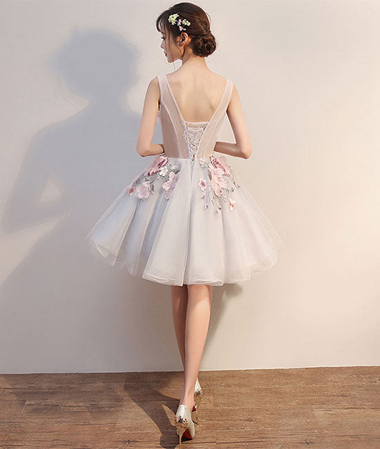 Gray round neck tulle lace applique short prom dress, homecoming dress - shdress