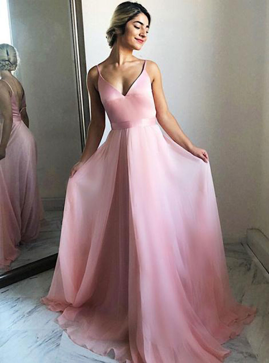 Simple pink tulle long prom dress, pink tulle formal dress