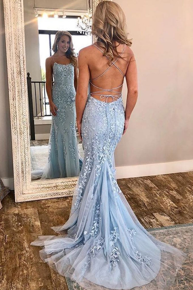 Blue lace tulle mermaid long prom dress lace formal bridesmaid dress