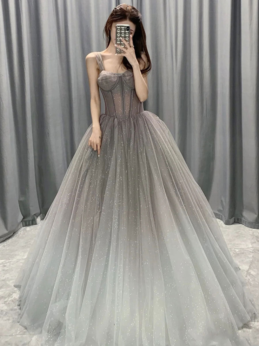 Gray tulle A line long prom dress, gray tulle formal dress shdress Gray tulle A line long prom dress, gray tulle formal dress shdress