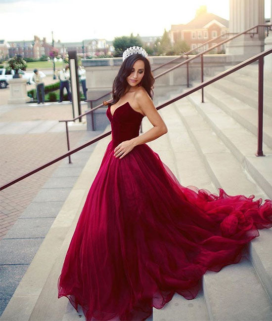 Simple sweetheart tulle burgundy long prom dress, burgundy evening dress - shdress
