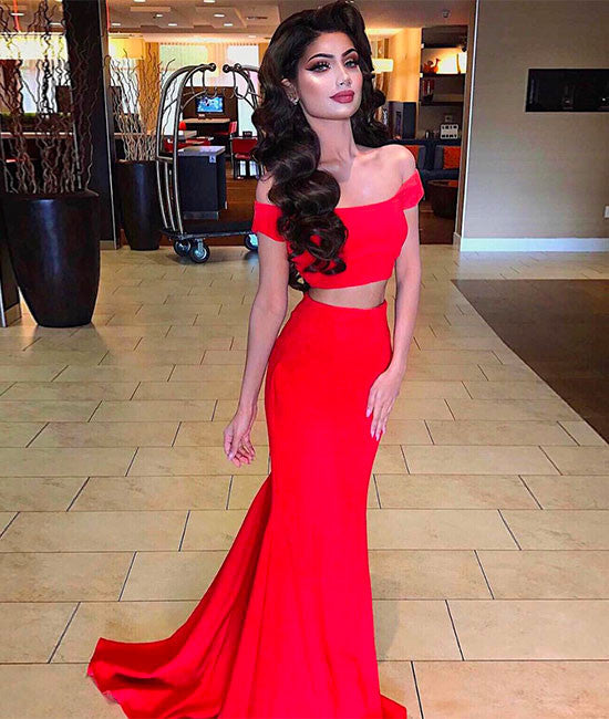 Simple red two pieces prom dress, red evening dress - shdress