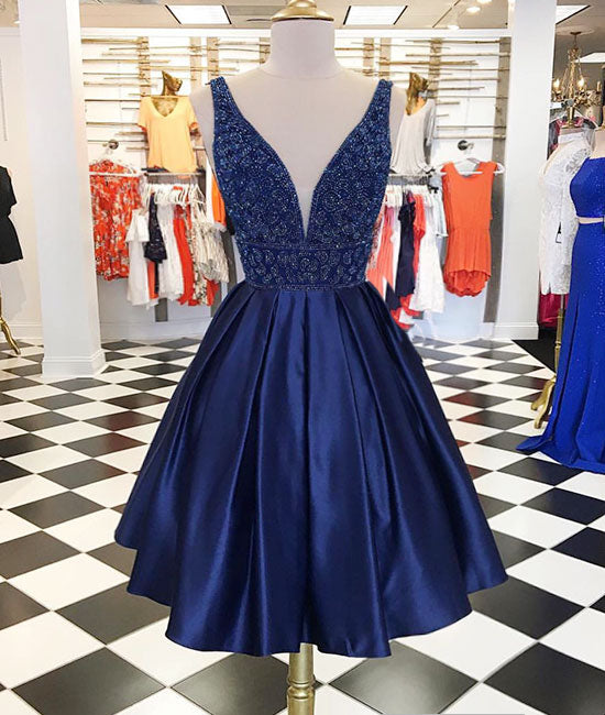 Dark blue v neck beads satin short prom dress, blue homecoming dress – shdress