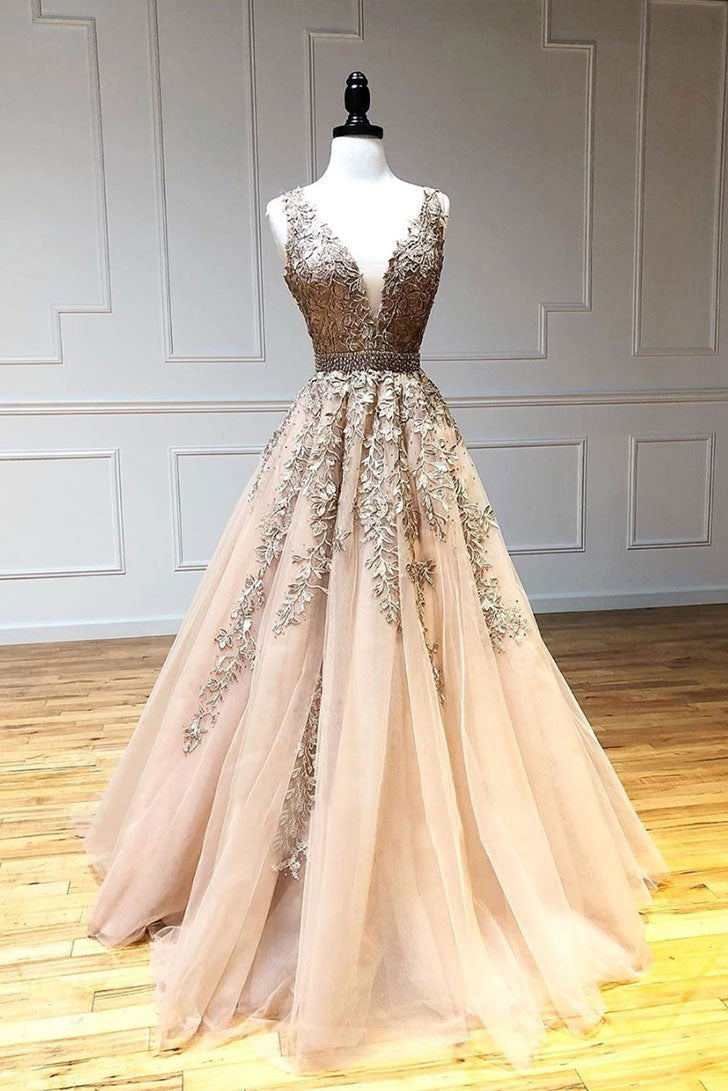 Champagne v neck tulle lace beads long prom dress tulle formal dress shdress Champagne v neck tulle lace beads long prom dress tulle formal dress shdress